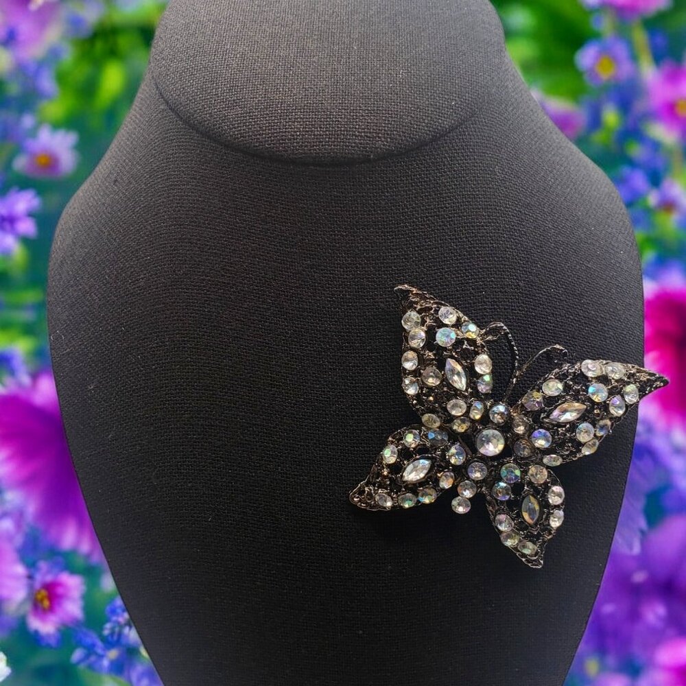 Vintage Large Butterfly Brooch w/ Antiqued Silver Tone and AB Rhinestones